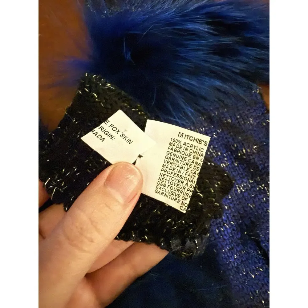 Michie’s Knit Metallic Blue Black Gloves Genuine Fox Fur Cuffs Fingerless